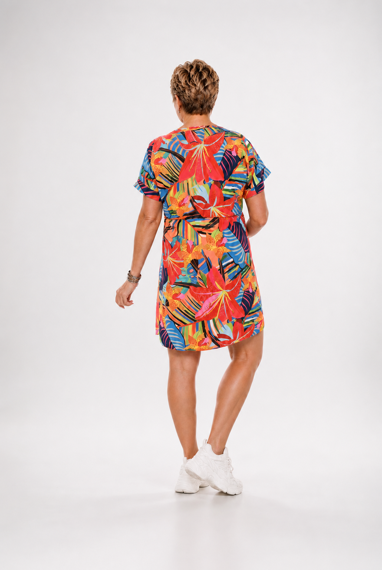 Korte overslag jurk print blad lichtblauw/marineblauw