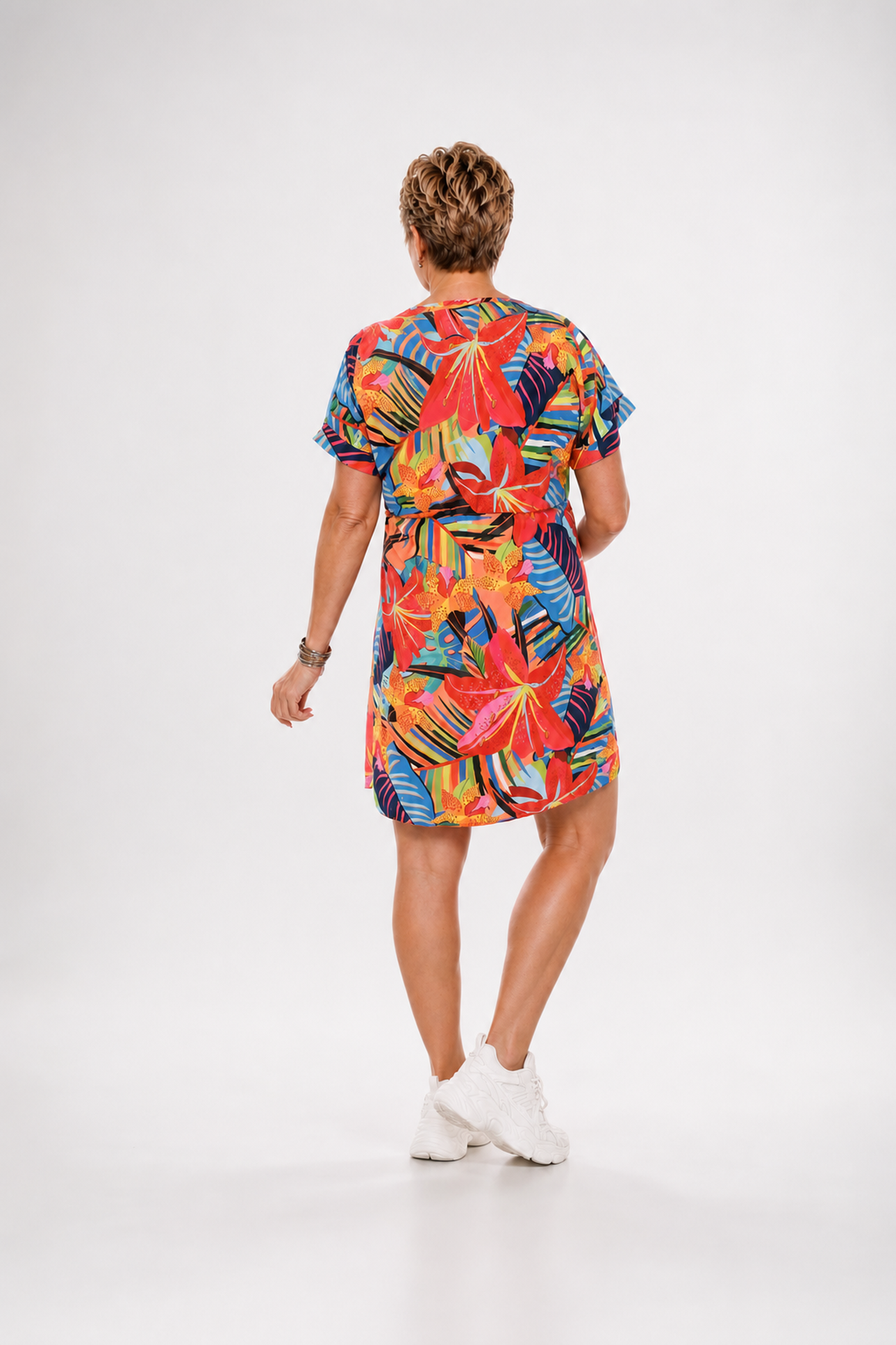 Korte overslag jurk print blad lichtblauw/marineblauw