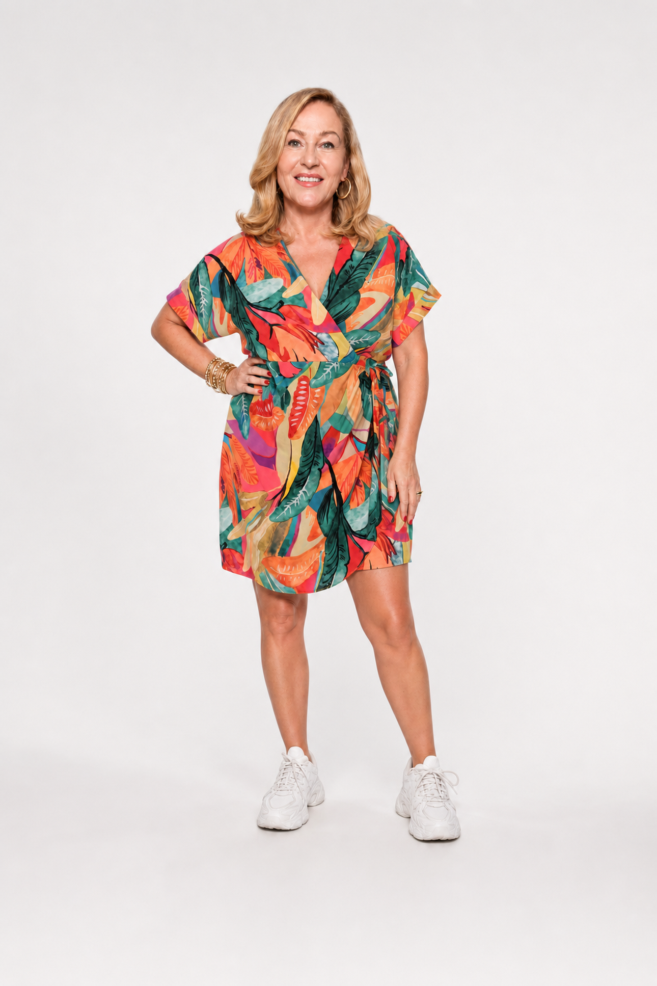 Korte overslag jurk print blad turquoise/roze