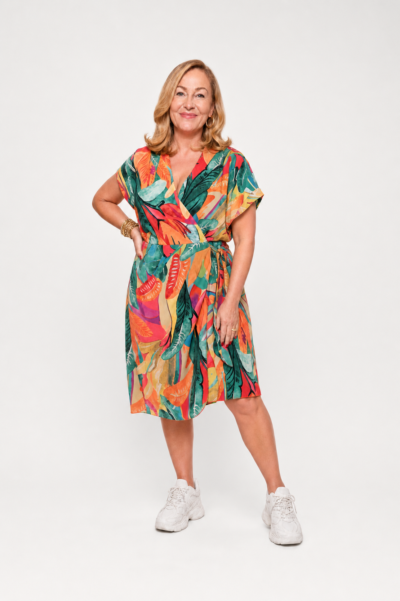 Korte overslag jurk print blad turquoise/roze